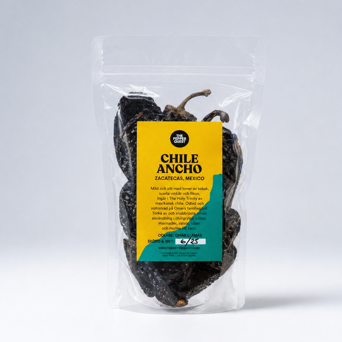 Packaged chile ancho with a yellow label on a white background