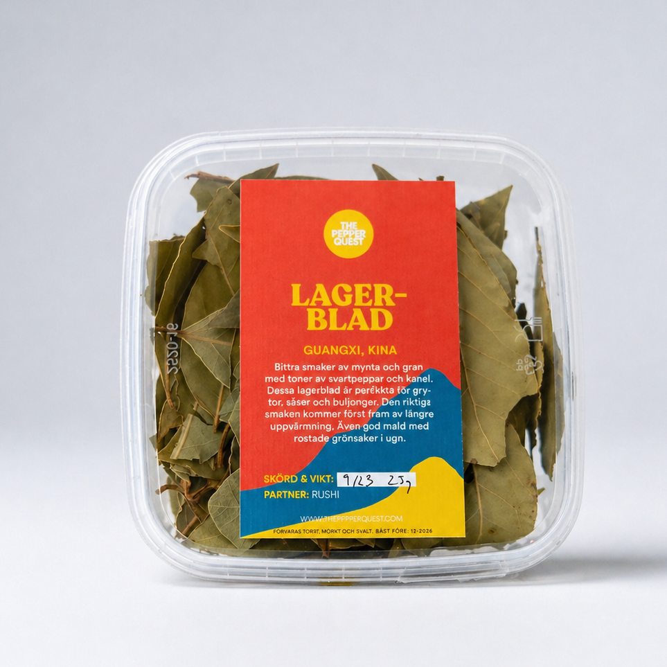 Packaged leafy greens with a red label on a white background