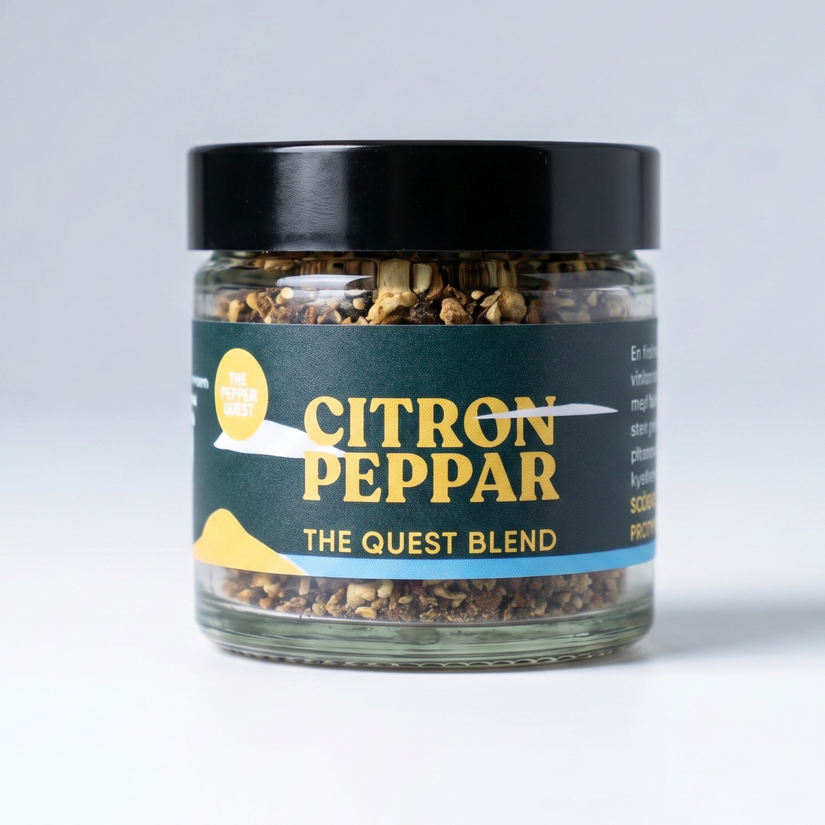 Jar of Citron Peppar with a black lid on a white background