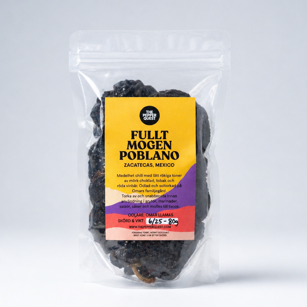 Packaged full mogen poblano chiles with a label on a white background