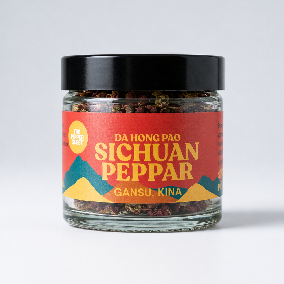 Jar of Sichuan peppar with a colorful label on a white background