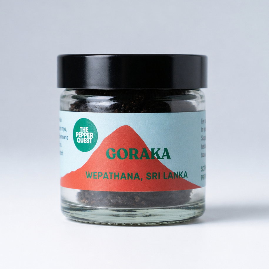 Jar of Goraka from Sri Lanka with a clear label on a white background