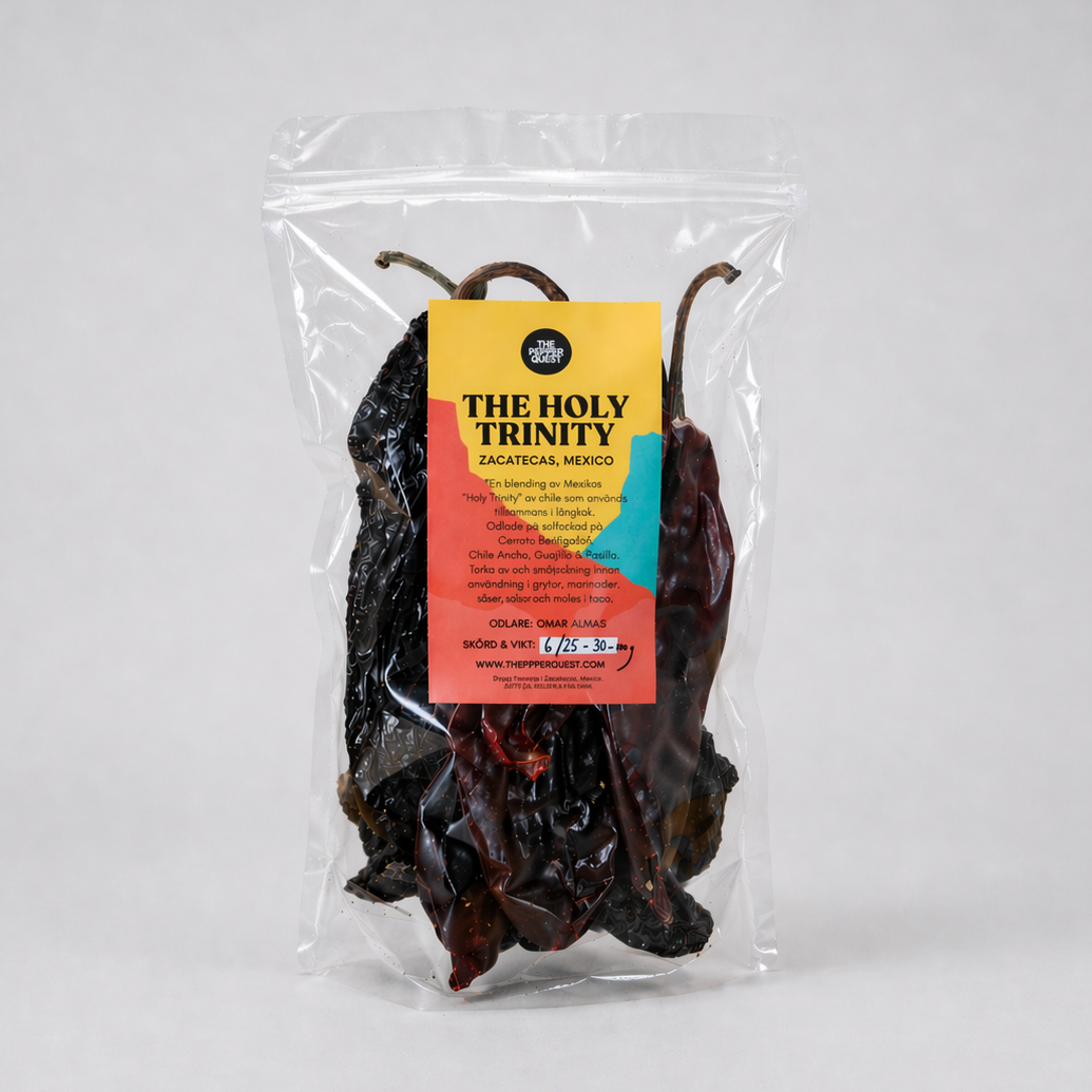Packaged dried chilies with a colorful label on a white background