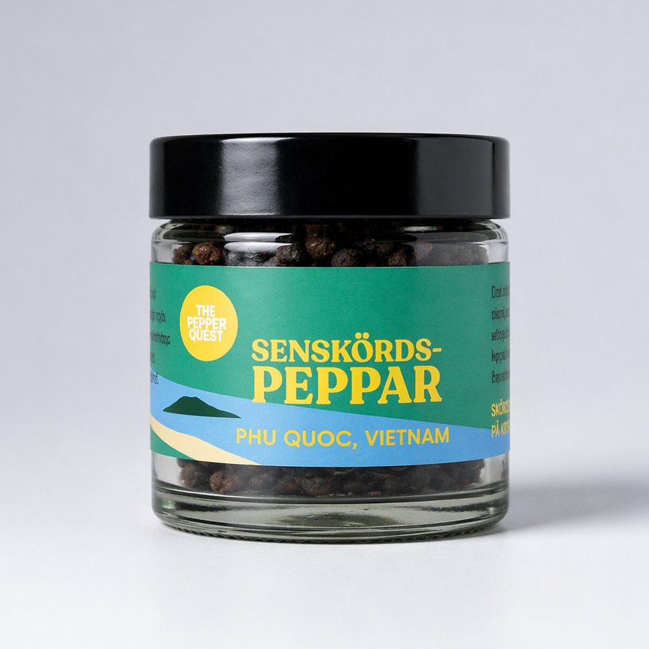 Jar of Senskords Peppar with a black lid on a white background