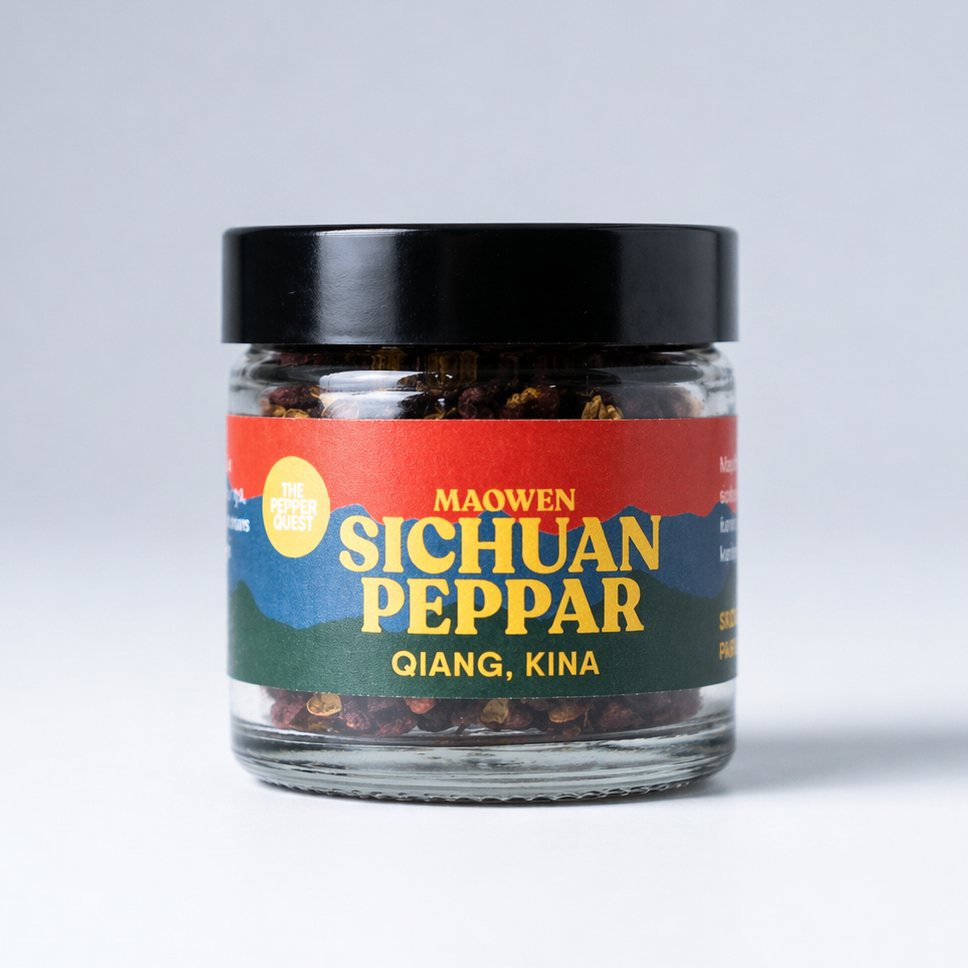 Jar of Sichuan pepper with colorful label on a light gray background