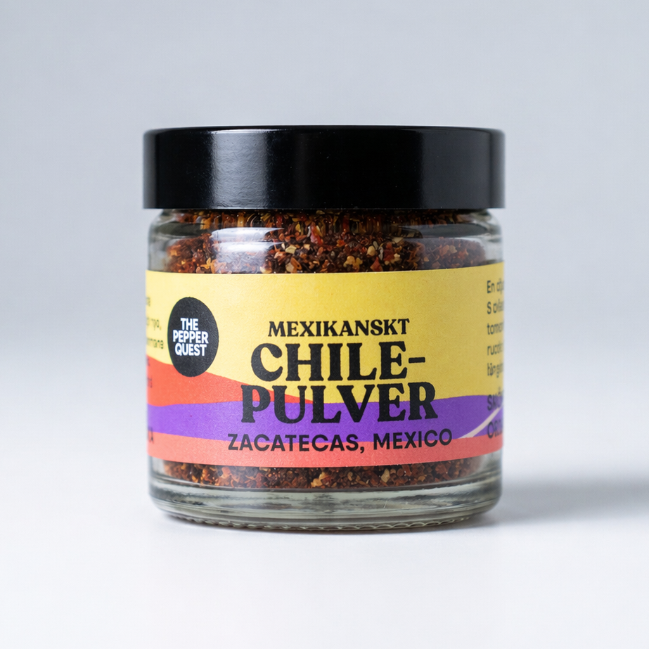 Jar of Mexikanskt Chile-Pulver with colorful label on a white background