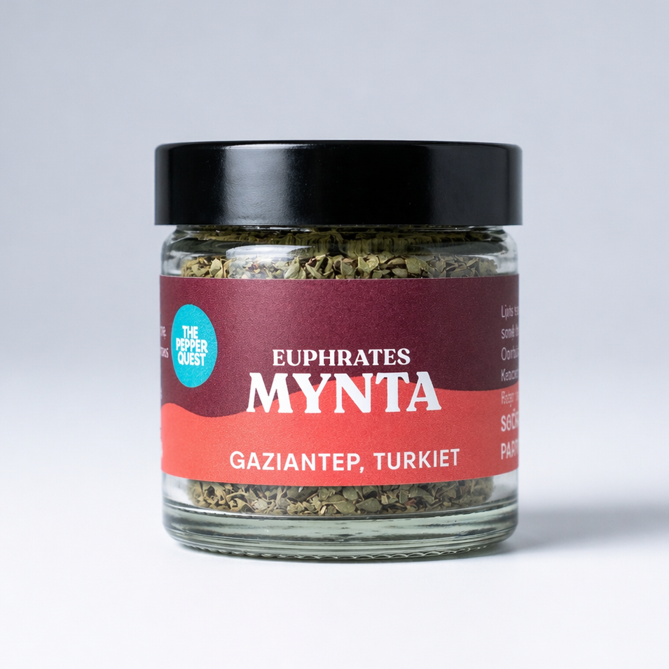 Jar of Euphrates Mynta spice with a red label on a white background