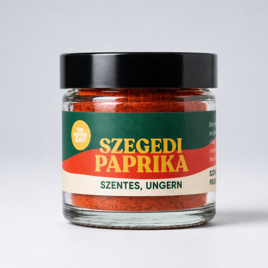 Jar of Szegedi Paprika on a white background