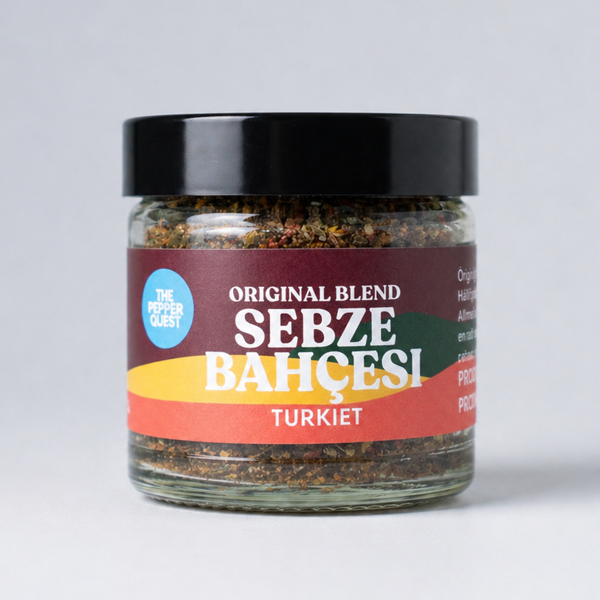 Jar of 'Sebze Bahcesi' spice blend with colorful label on a white background