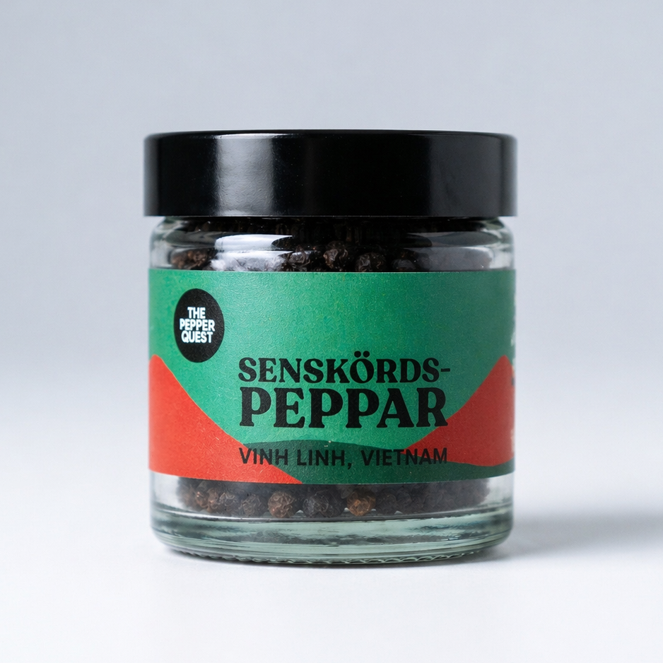 Jar of Senskords Peppar with a green label on a light gray background