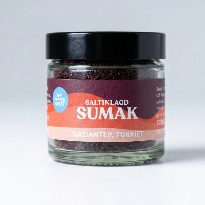 Jar of Saltinlagd Sumak spice on a white background