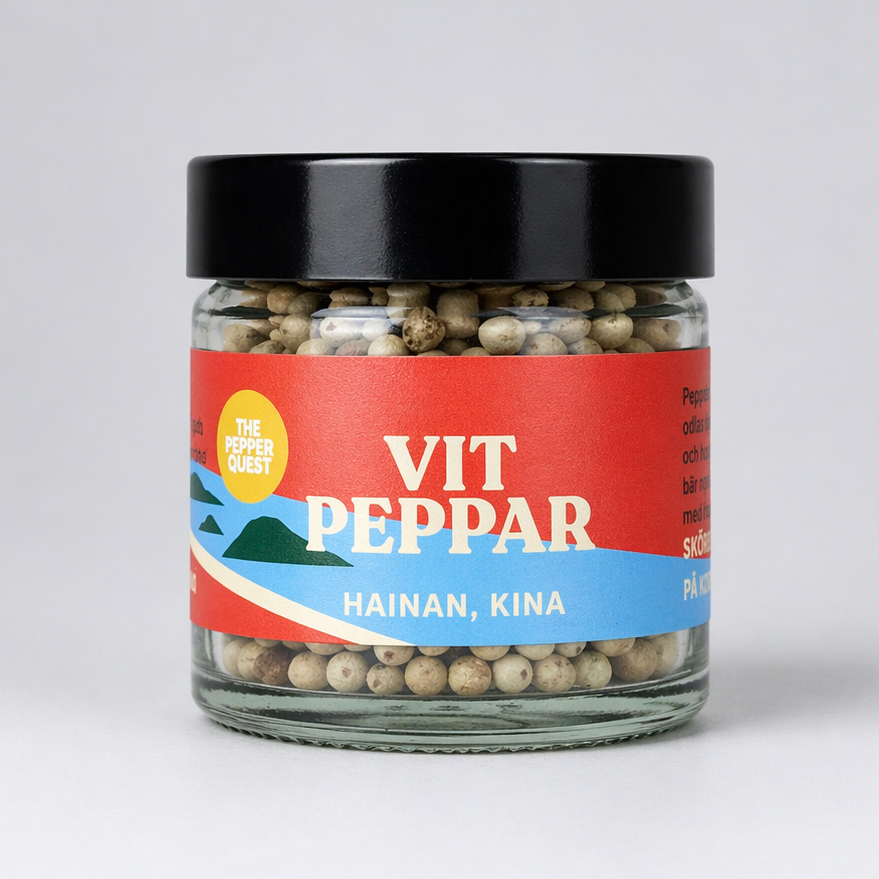 Jar of white peppar with a red label on a white background