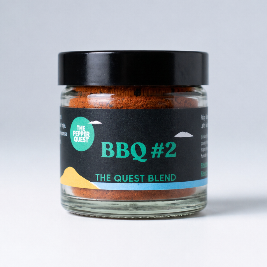 Jar of BBQ #2 seasoning blend with a black lid and label on a white background