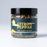 Jar of Citron Peppar with a black lid on a white background
