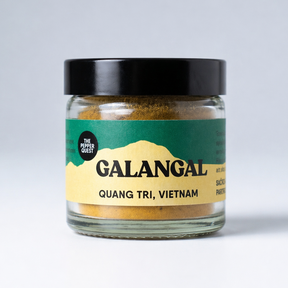 Jar of galangal with a label on a white background