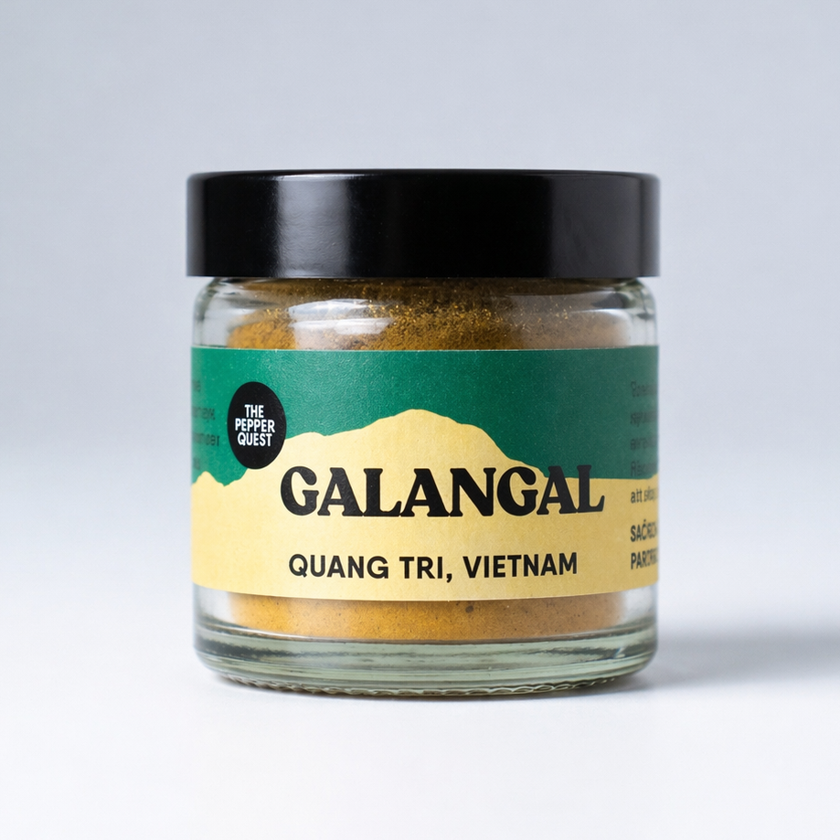 Jar of galangal with a label on a white background