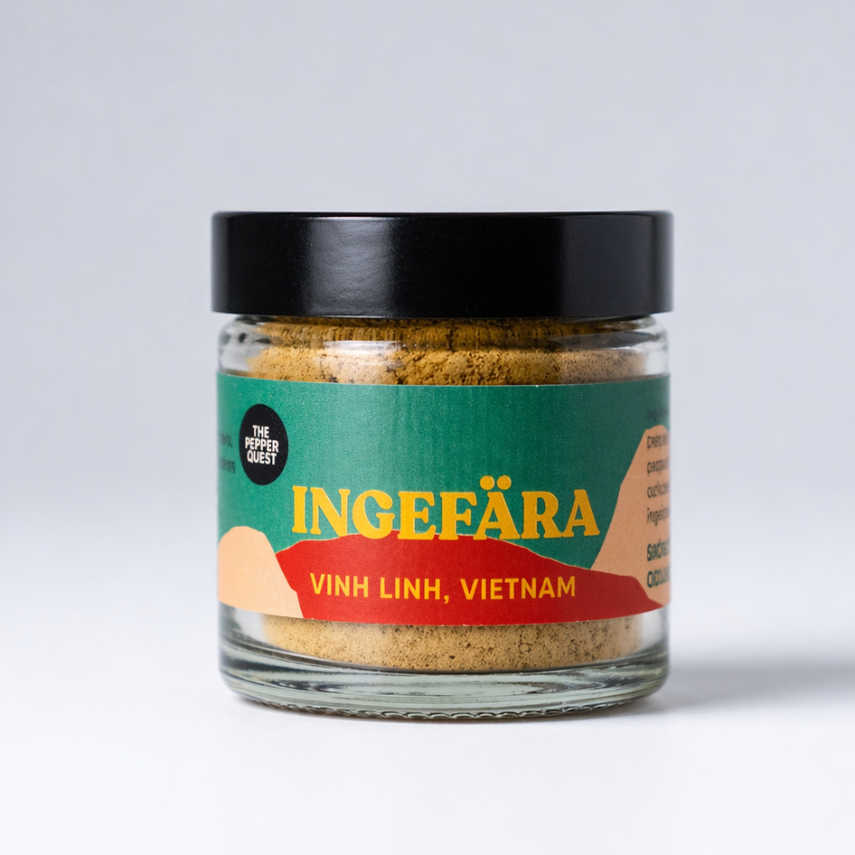 Jar of INGEFØRA with a black lid on a white background