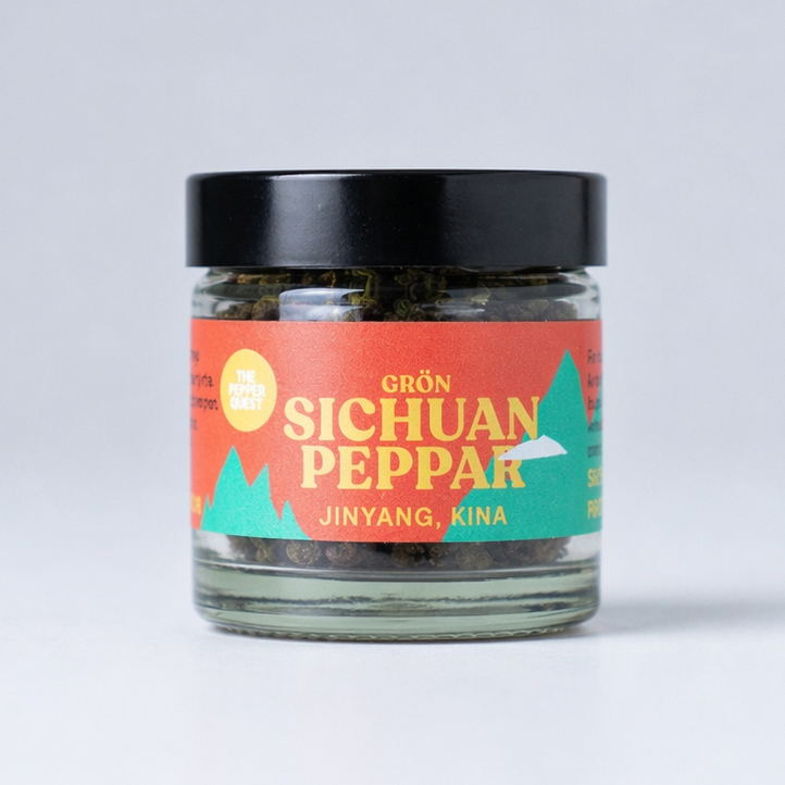 Jar of Green Sichuan pepper with a colorful label on a white background