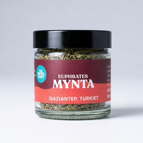 Jar of Euphrates Mynta spice with a red label on a white background