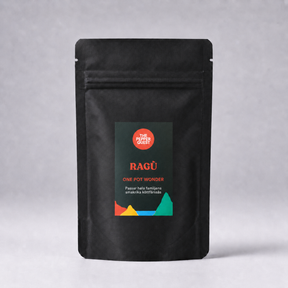 A black stand-up pouch of  Ragu One Pot Wonder, featuring a colorful label on a light gray background.