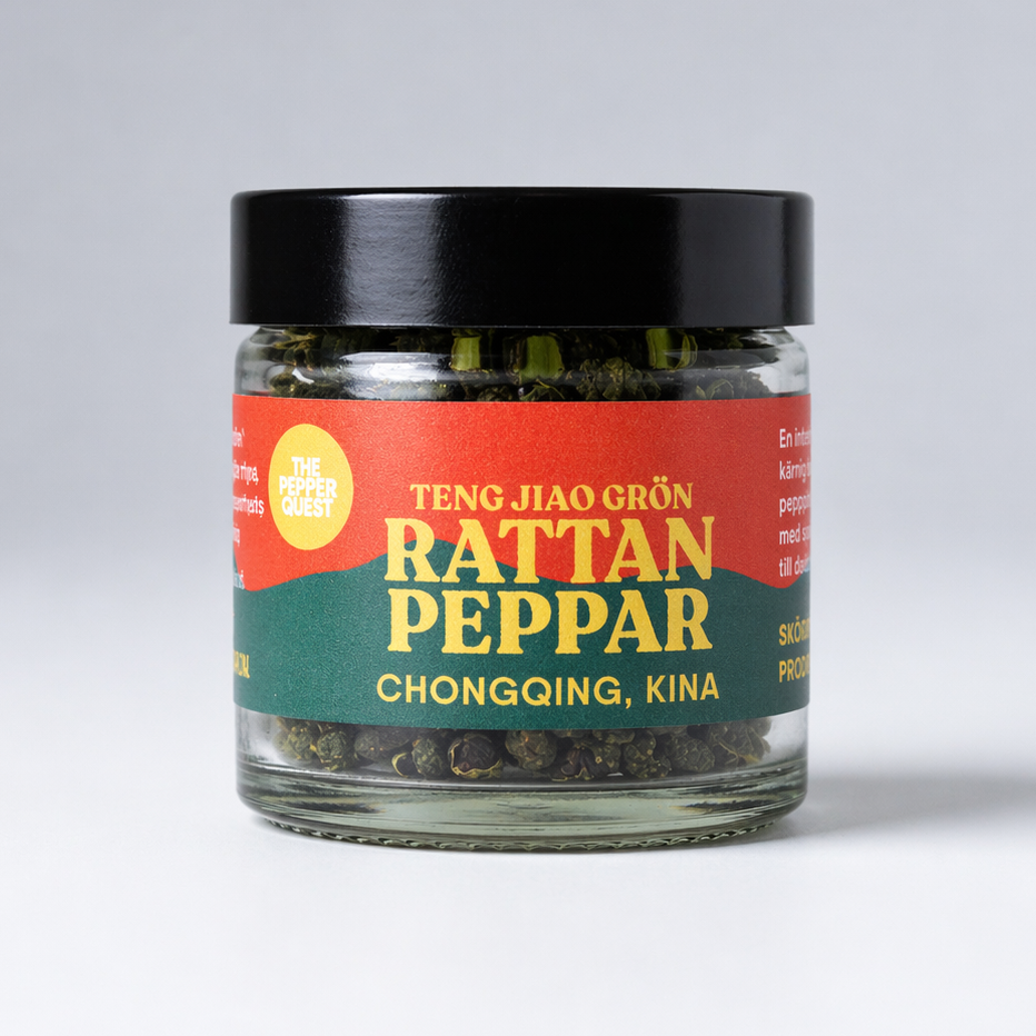 Jar of rattan pepper with a colorful label on a white background