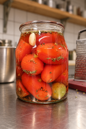 A clear glass jar filled with whole red tomatoes and a garlic bulb, preserved in oil with visible herbs and spices, set on a stainless steel countertop in a kitchen.