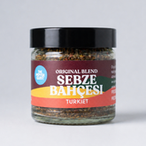Jar of 'Sebze Bahcesi' spice blend with colorful label on a white background