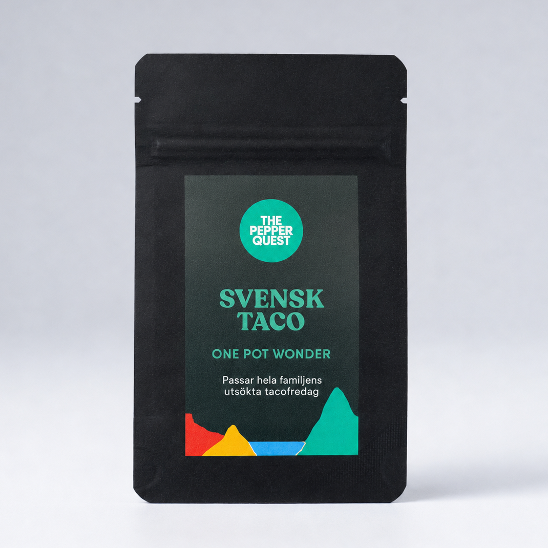 Black package with green label featuring 'Svensk Taco' on a light gray background