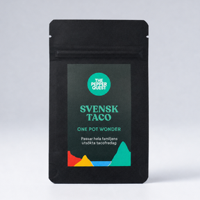 Black package with green label featuring 'Svensk Taco' on a light gray background
